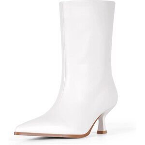 Women White Kitten Heel Pointed Toe Stiletto Faux Leather Mid Calf Ankle Booties